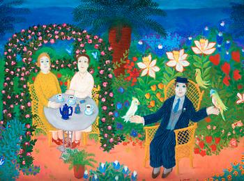 360. Lennart Jirlow, Tea time in the garden with parrots.