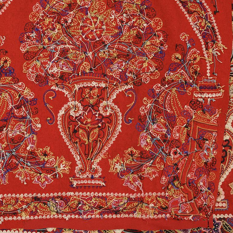 AN EMBROIDERY, antique Rascht, Persia (Iran), late Qajar dynasty, ca  55 - 57,5 x 209,5 - 215 cm.