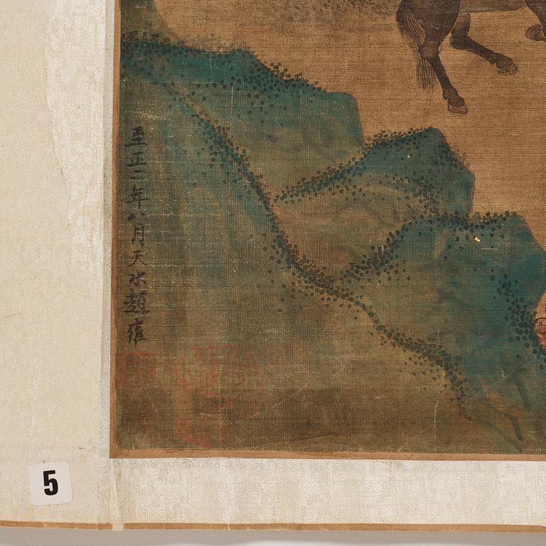 A long scroll painting after Zhao Yong (Zhao Zhongmu 1289-1369), ink and colour on paper and on silk, Qing dynasty.