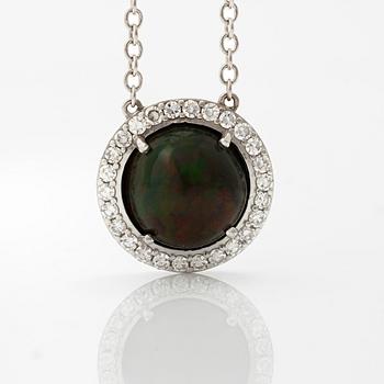 Necklace 18K white gold with an opal and eight-cut diamonds.