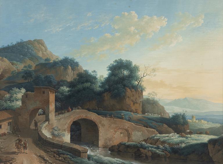 Jacob Philipp Hackert, tillskriven, A mountain landscape with a bridge over a river in the foreground.