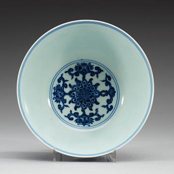 A fine blue and white 'Lotus' bowl, Qing dynasty, 18th Century, with Yongzheng six character mark.