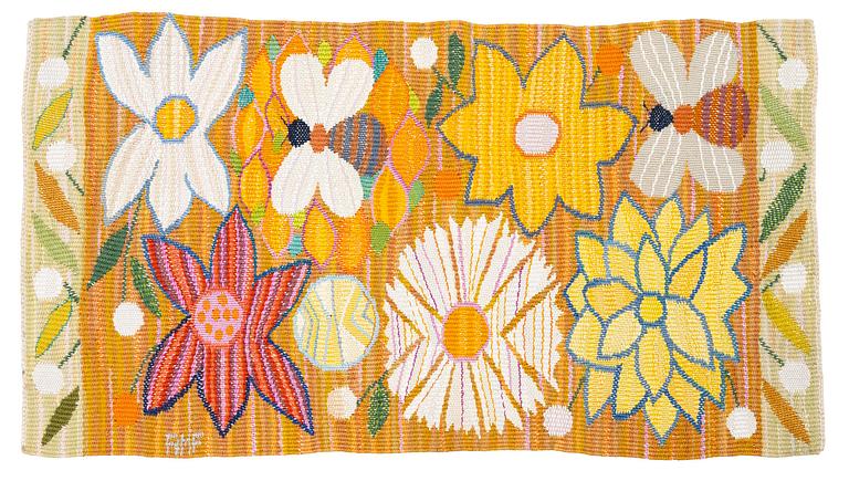 Ann-Mari Forsberg, a textile 'Bilöpare', a tapestry variant, c. 31 x 56 cm, signed AMF.
