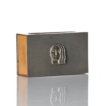 Firma Svenskt Tenn, a pewter matchbox case with beaker, models "38d" and "185a", with decor by Anna Petrus, Stockholm 1927-28.