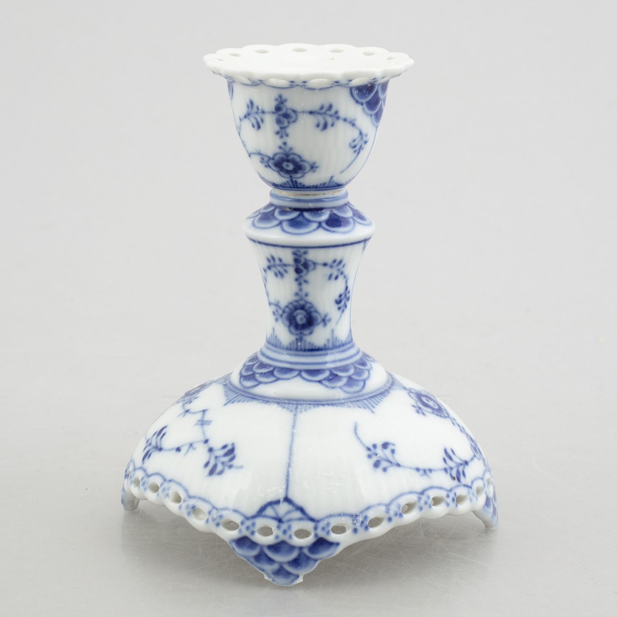 A group of two vases, two bowls and a candlestick, "Blue fluted full lace"/"Musselmalet", Royal Copenhagen.