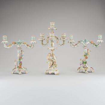 3 porcelain candelabra, Sitzendorf & Dresden, 19th and 20th century.