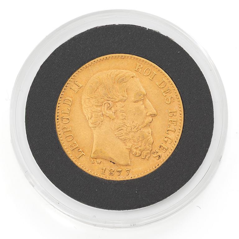 Gold coin, Belgium, Leopold II, 20 francs, 1877,