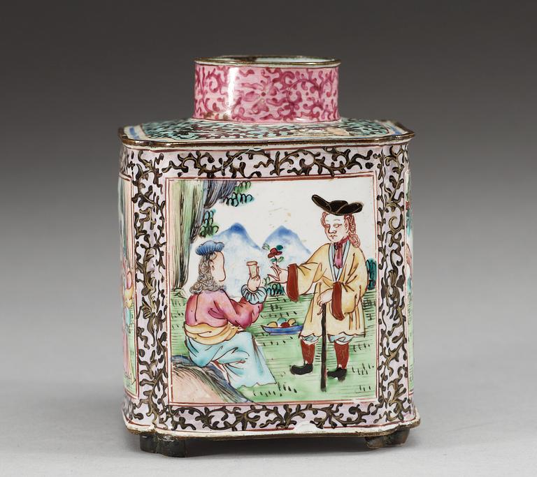An enamelled 'European Subject' tea caddy, Qing dynasty, 18th Century.