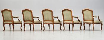 Seven French armchairs (two 18th century and five late 19th century).