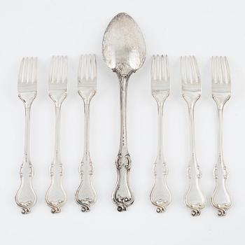 6 Swedish silver forks and a serving spoon, including Carl Tengstedt, Gothenburg, 1855.