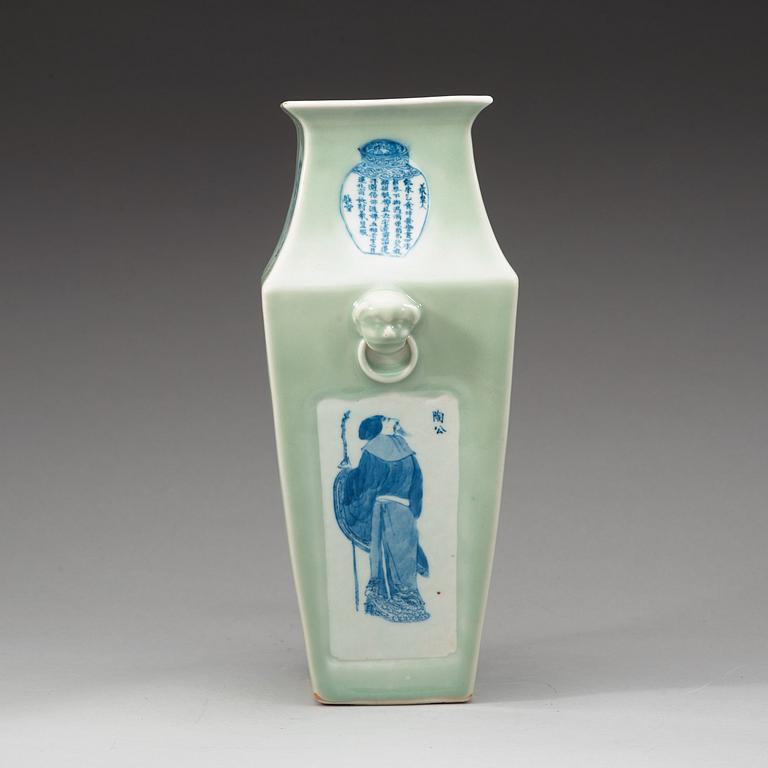A celadon ground blue and white vase, late Qing dynasty.