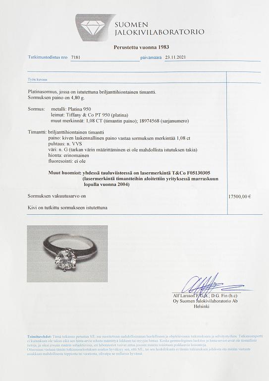 Tiffany & Co, Ring, platina och diamant ca 1.08 ct. Märkt Tiffany & Co, 18974568.