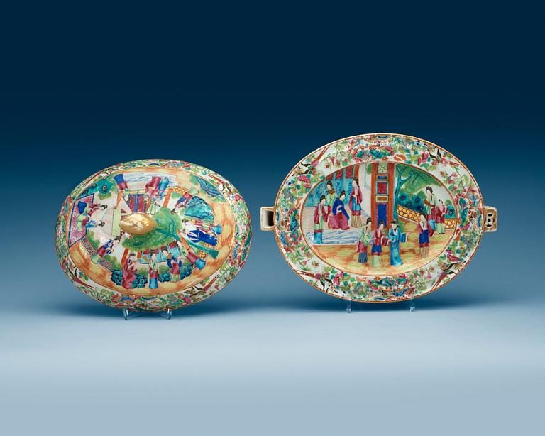 A Canton famille rose hot water dish with cover, Qing dynasty, 19th Century.