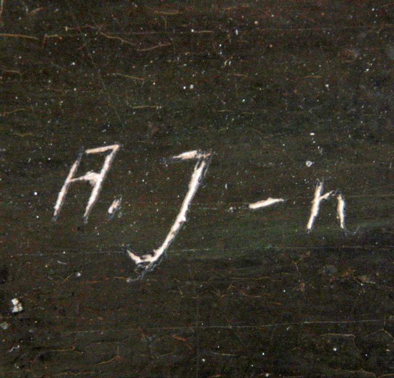 OKÄND KONSTNÄR, olja på pannå. 1800-tal, bär sign A.J-n.