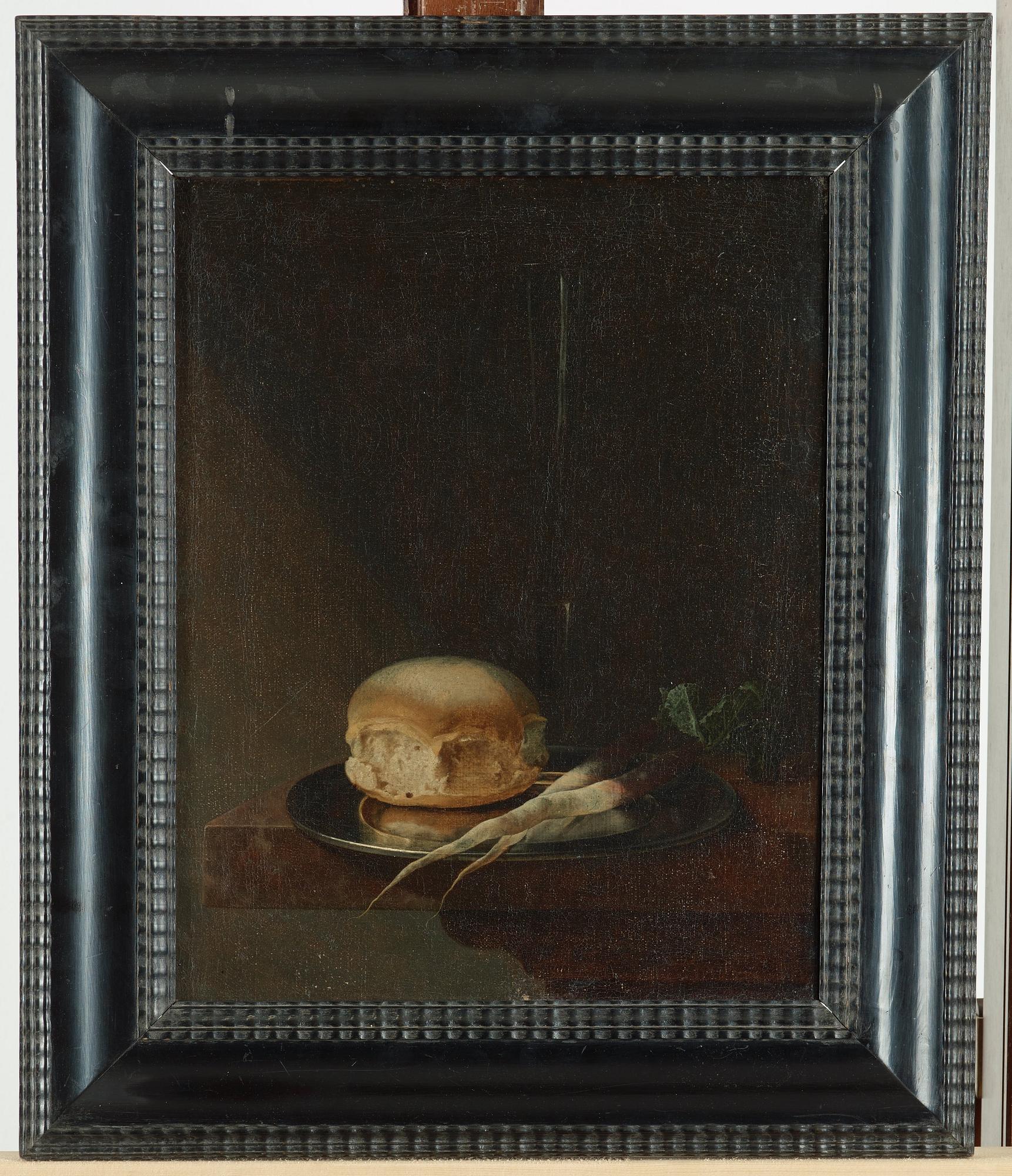 Dutch school 17/18th Century. Still life with bread and vegetables on a tin plate.