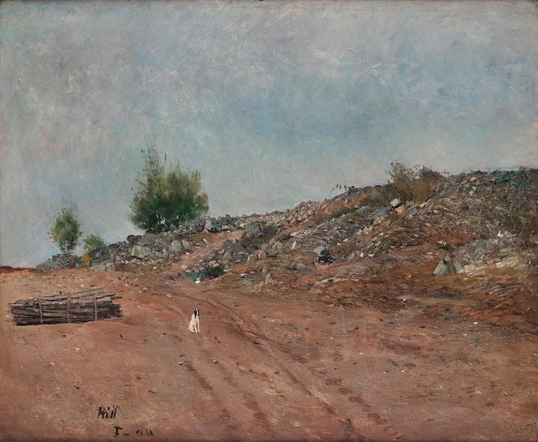 Carl Fredrik Hill, "Väg med sittande hund, Fontainebleau" (Road with sitting dog, Fontainebleau).