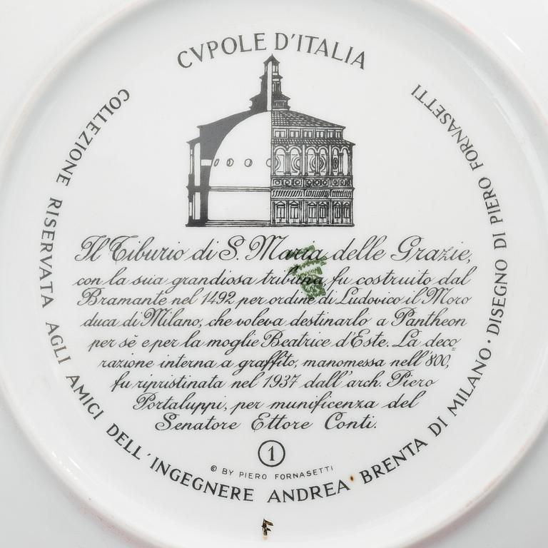 PIERO FORNASETTI, DECORATIVE PLATES, 7 pcs, porcelain, "Cupole d´Italia", Milan, 1960-70´s.