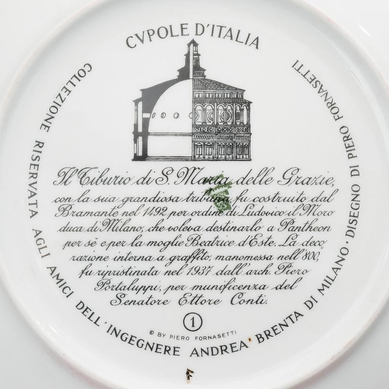 PIERO FORNASETTI, DECORATIVE PLATES, 7 pcs, porcelain, "Cupole d´Italia", Milan, 1960-70´s.