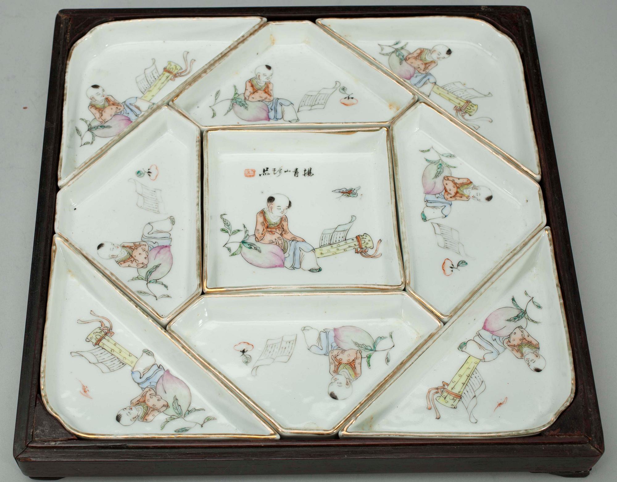 KABARÉ, 9 delar, samt BURK, porslin, Kina, Qingdynastin, 1800-talets slut.