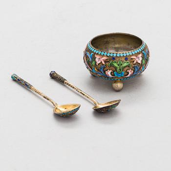 A salt cellar, mark of D. Nikitin, and 2 spoons, poss. P. Abrosimov and M. Andreyevna, enamel, silver. Moscow 1899-1908.