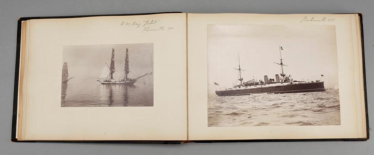 ALBUM, fotografi/vykort, ca 60 st, Örlogsfartyg, 1800-talets slut.