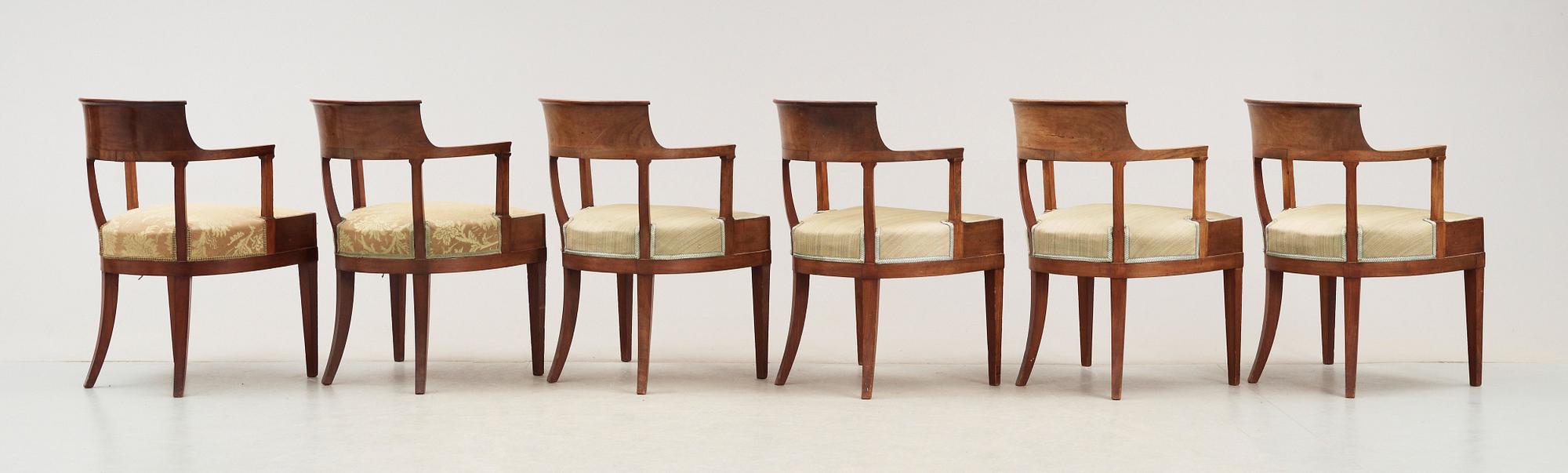 Six Swedish Empire 19th century armchairs.