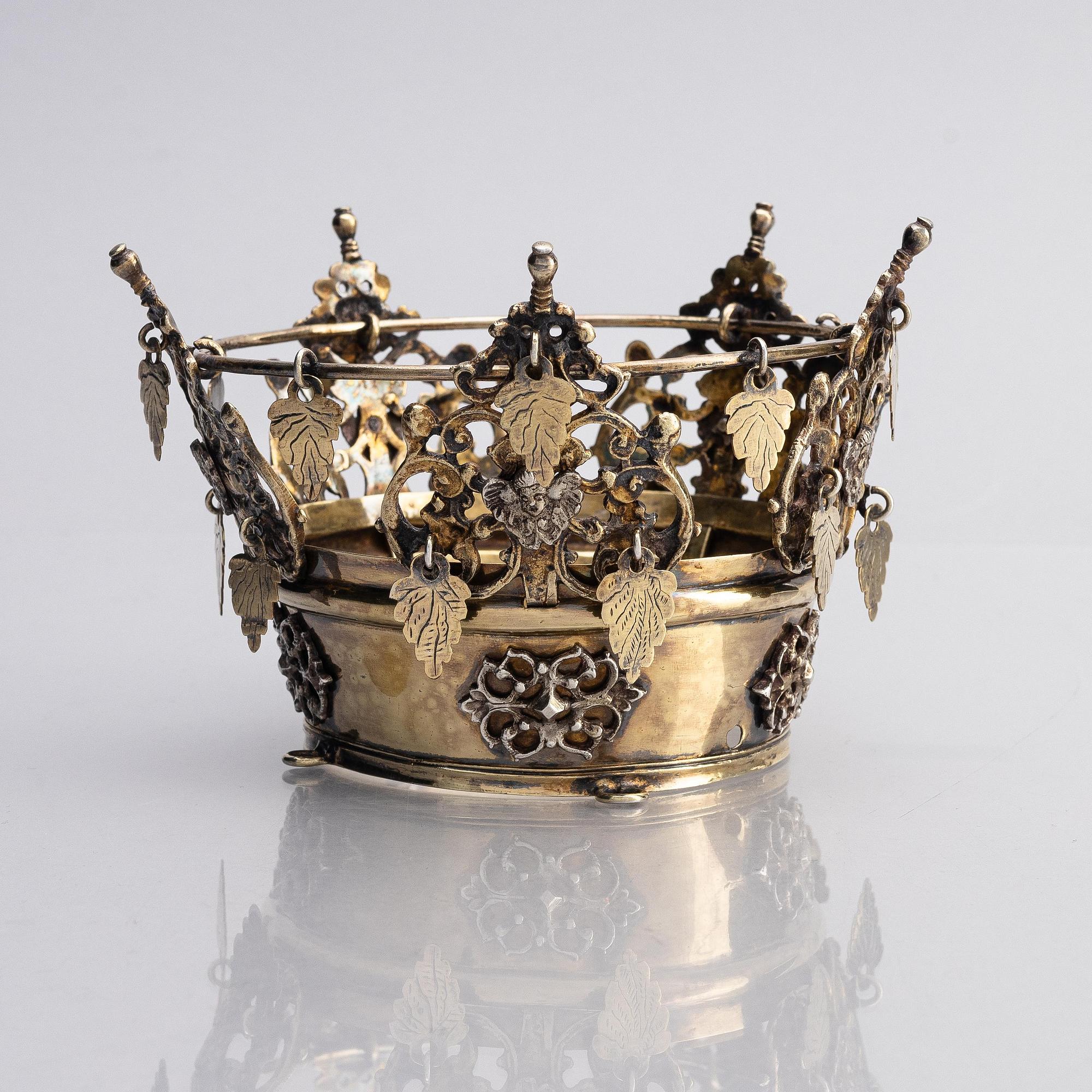 A Swedish early 19th century parcel-gilt silver bridal crown, mark of Erik Ramstedt, Härnösand 1801 and copper case.