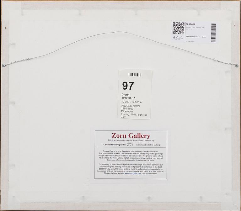 Anders Zorn, etsning, 1916, signerad.
