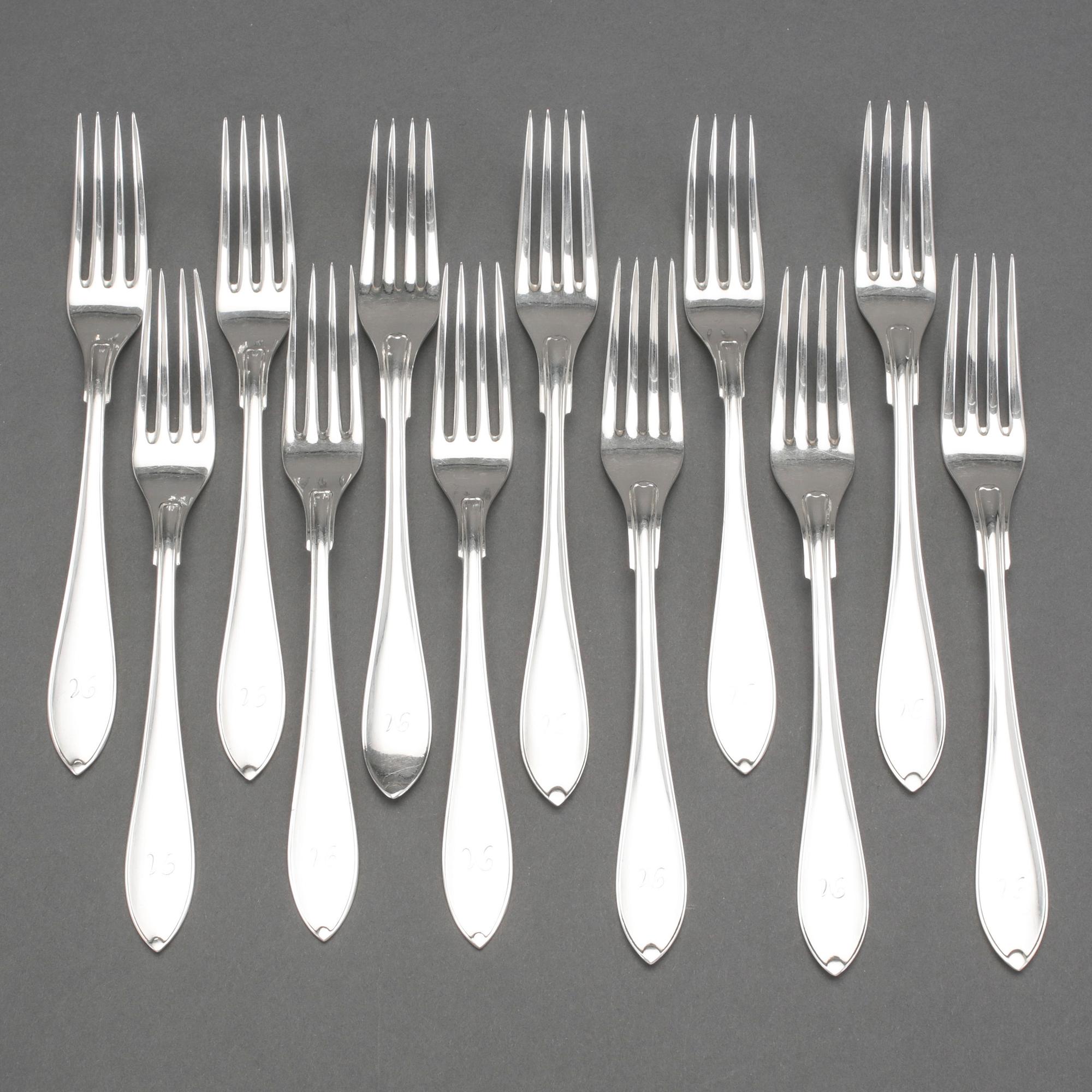 GAFFLAR, 12 st, silver, "Svensk Spetsig", GAB, Stockholm 1900-talets första hälft. Ca 435 gram.