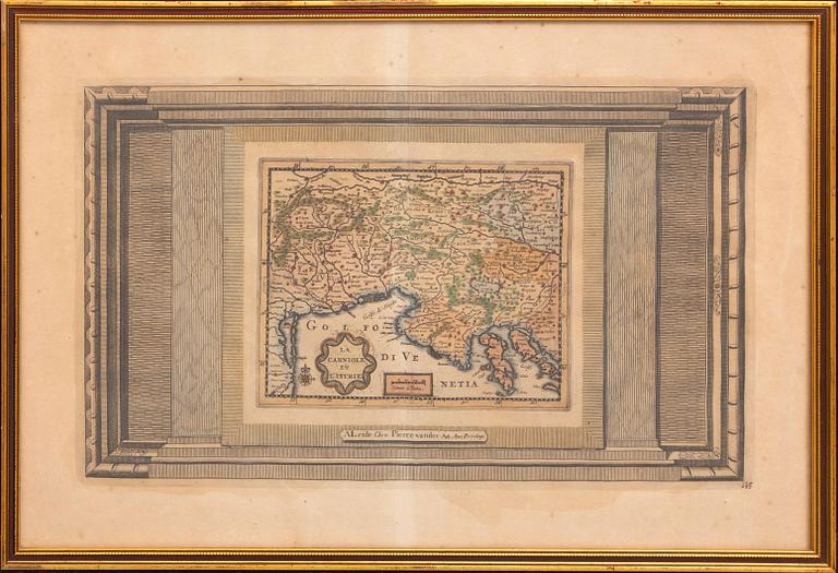 Pieter van der Aa, karta Venedigbukten, handkolorerat kopparstick, Leiden ca 1715.