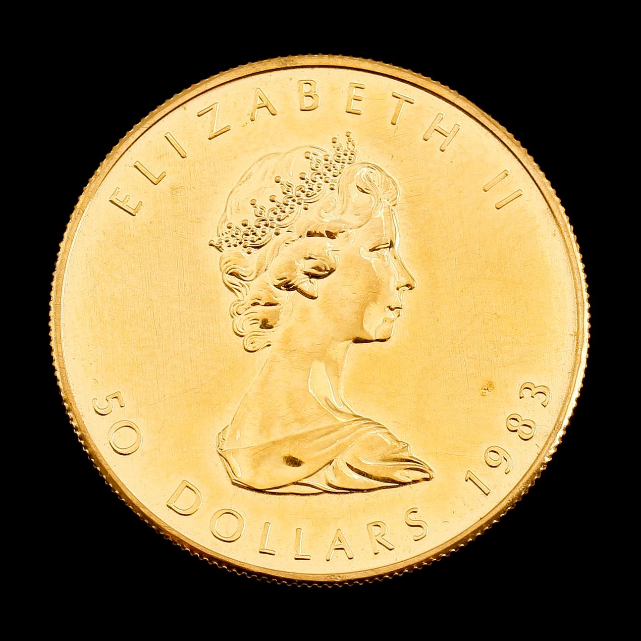 GULDMYNT, fine gold, 50 dollar, Elizabeth II, Canada, 1983. Vikt ca 31 gram.
