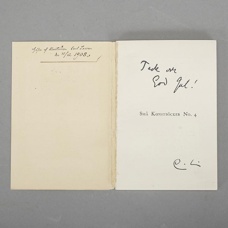 CARL LARSSON (1853-1919), bok med konstnärens hälsning och autograf. 1908.