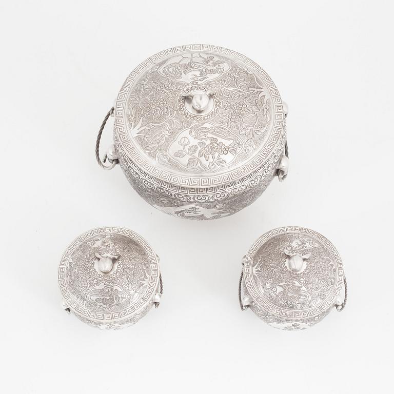 Three Chinese silver boxes, Qing Dynasty, circa 1900.