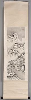 A hanging scroll o a landscape with buildings and a figure, by an unknown artist (Zhang Daye), 20th Century.