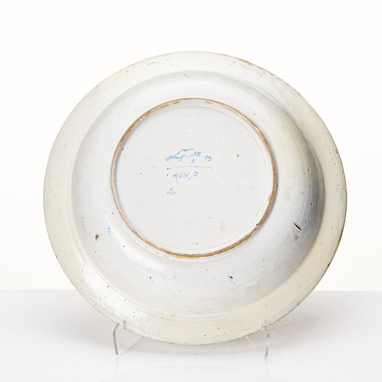 A large Swedish Rörstrand basin/deep dish, dated 28/5 1753.