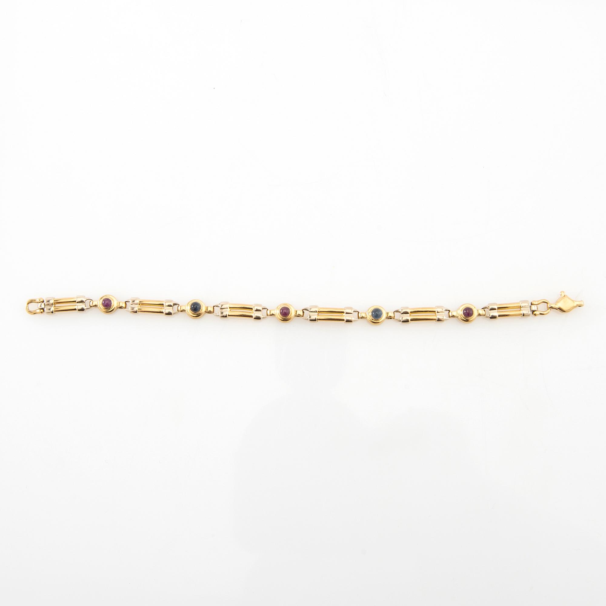 Bracelet 18K rose and white gold set with cabochon-cut sapphires and rubies, possibly Ancona Italy.