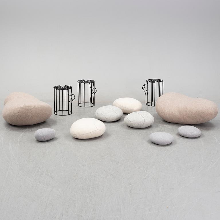 9 pebbles cushions, 'Linvingstones', Smarin, and three stools, 'Wire Log', Pols Potten.