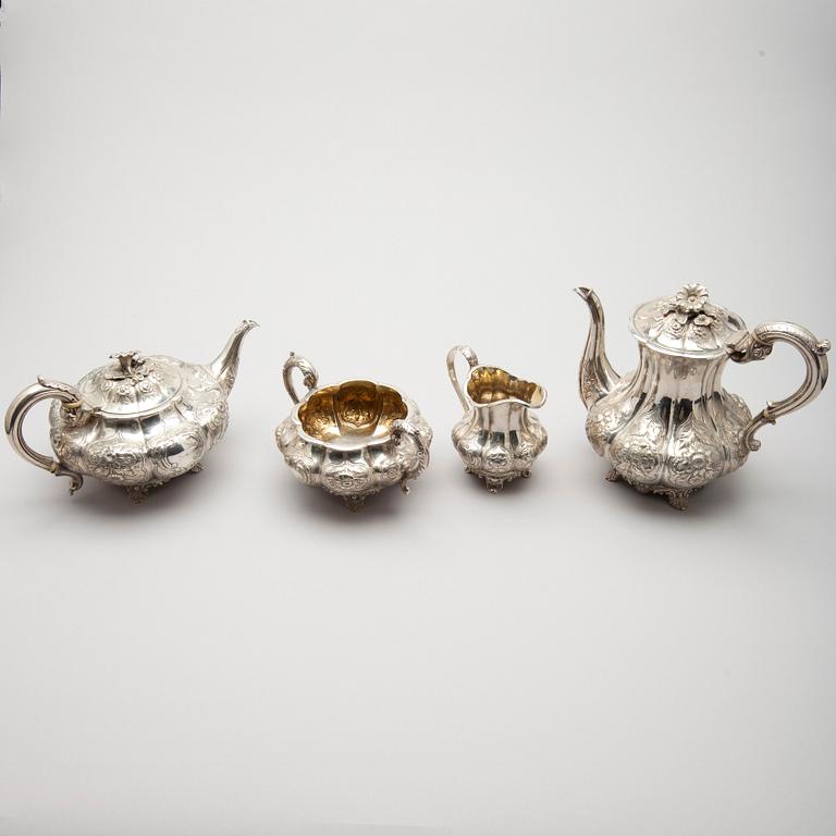 KAFFE- / TESERVIS, 4 delar, silver, London 1836, England.  Tot. vikt ca 2224 g.