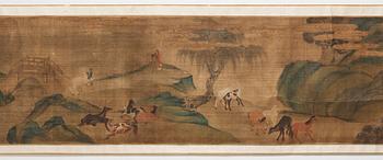 A long scroll painting after Zhao Yong (Zhao Zhongmu 1289-1369), ink and colour on paper and on silk, Qing dynasty.