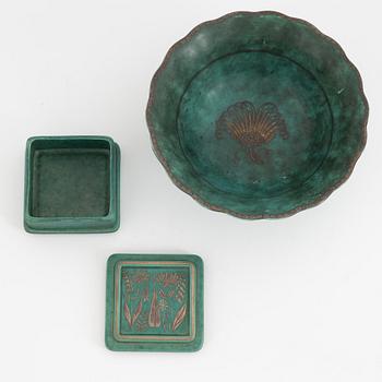 Wilhelm Kåge, a group of four stoneware vases, two bowls, three dishes and two lidded boxes, 'Argenta', Gustavsberg.