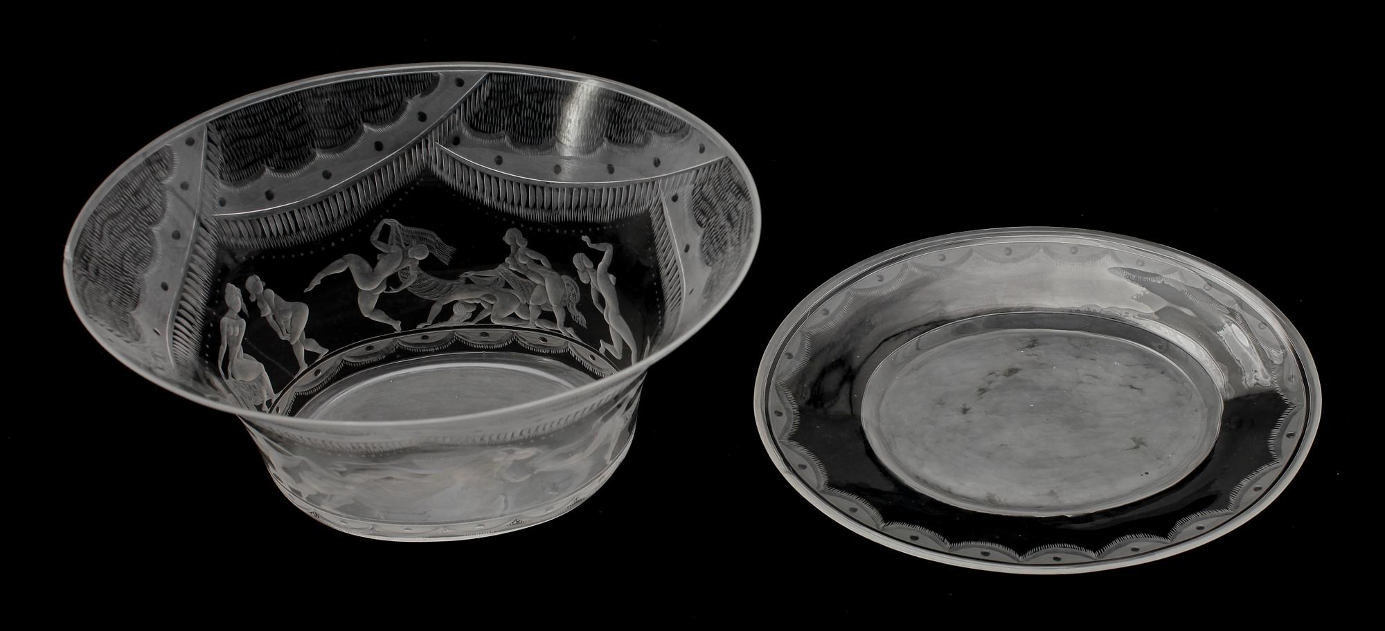 SKÅL MED FAT, glas, Simon Gate, Orrefors, 1920-tal.