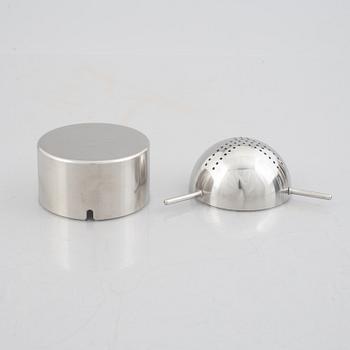Arne Jacobsen, a 100-year jubilee "Cylinda" stainless steel tea set and a book, Stelton, Denmark, 2002.