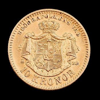 GULDMYNT, 10 kronor, Oscar II, 1883. Vikt ca 4 gram.