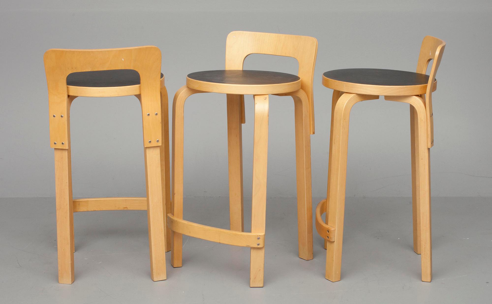 BARSTOLAR, 3 st, design A. Aalto, Artek 1970-tal.