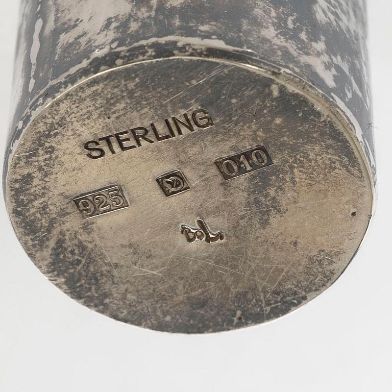 Three cups, dish, basket, jug, bowl, and ring holder, silver.