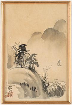 OKÄND KONSTNÄR, 9 st, träsnitt samt akvareller, Japan, 1800/1900-tal.