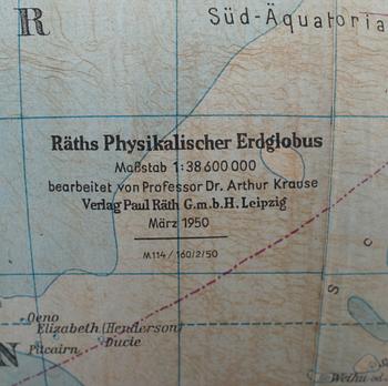 JORDGLOB, Räths Physikalischer Erdglobus, 1950.