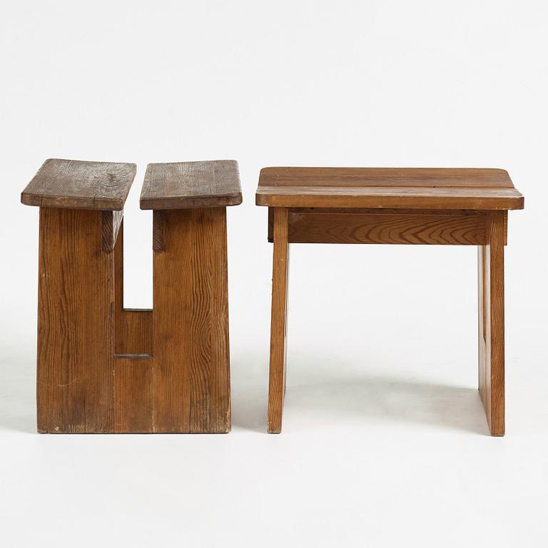 Axel Einar Hjorth, two stained pine "Skoga" stools, Nordiska Kompaniet, Sweden 1930's.