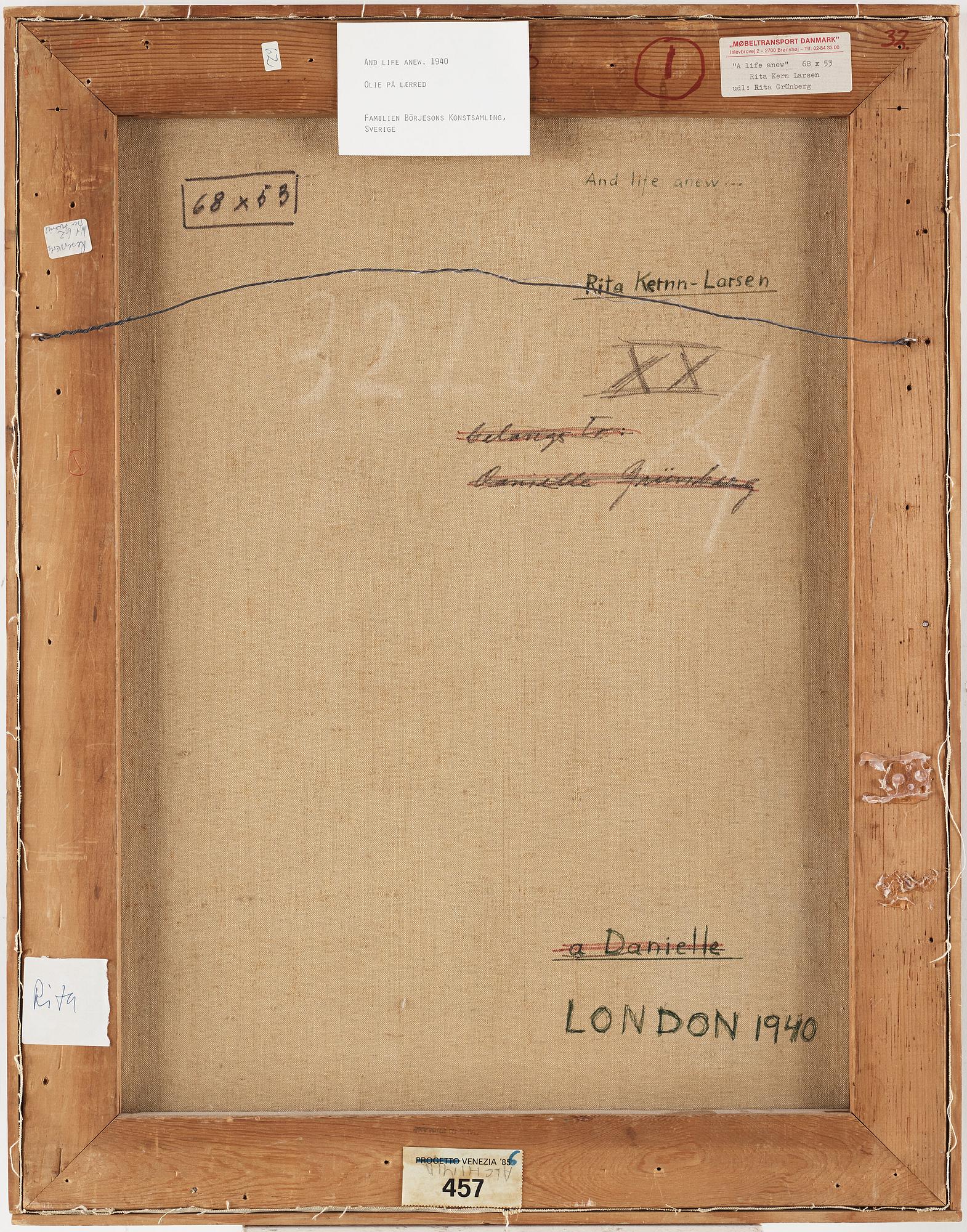 RITA KERNN-LARSEN, olja på duk, signerad r k-l. Utförd i London 1940. "And life anew...".
