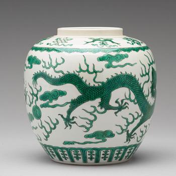 A green enamelled dragon jar, China, circa 1900.